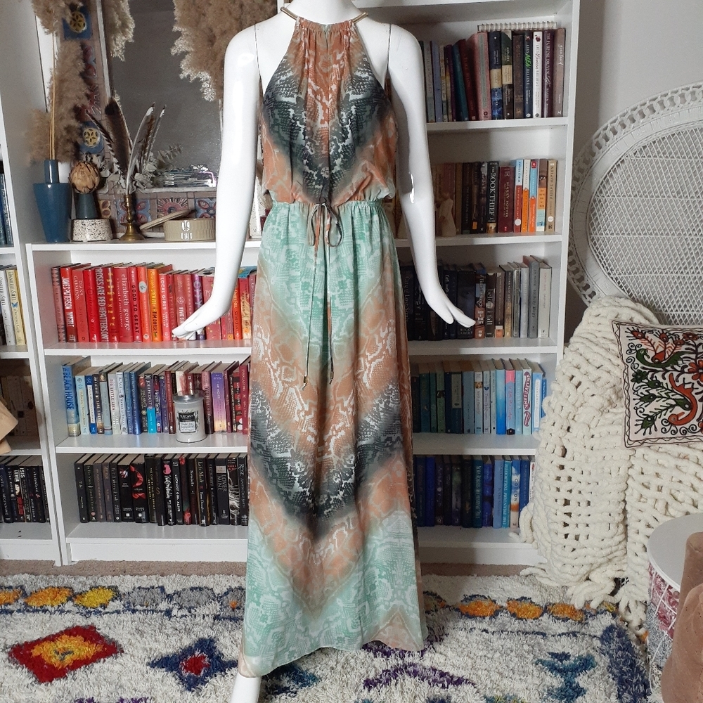Vince Camuto Blue Copper Faux Silk Maxi Dress P5610